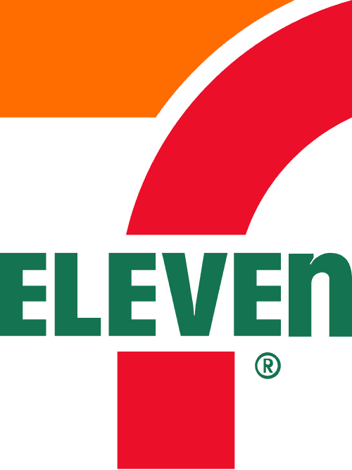 siete naranja y rojo sobre logotipo ELEVEN verde con cuadrado rojo