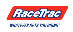 RaceTrac gas station brand logo: white RaceTrac wordmark in red and blue parallelogram
