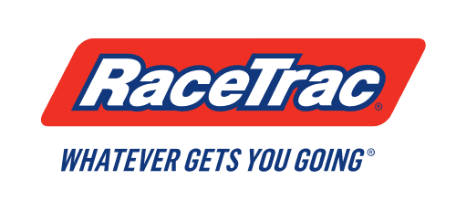 logotipo RaceTrac blanco sobre paralelogramo rojo y azul