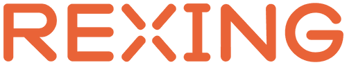 Rexing dash cam brand logo: orange REXING wordmark with stylized X mark